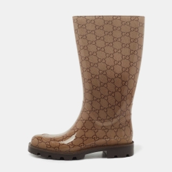 مملوكة مسبقًا Gucci Beige/Brown GG Rubber Edimburg Rain Boots Size 36