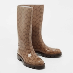 مملوكة مسبقًا Gucci Beige/Brown GG Rubber Edimburg Rain Boots Size 36