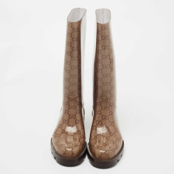 مملوكة مسبقًا Gucci Beige/Brown GG Rubber Edimburg Rain Boots Size 36