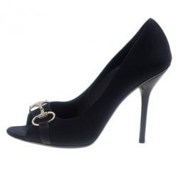 مملوكة مسبقًا حذاء غوتشي ستان أسود مقدمة مفتوحة هوليوود هورس بيت مقاس 39