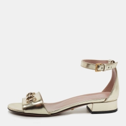 Pre Owned Gucci Metallic Gold Leather Horsebit  Ankle Strap Sandals Size 36.5