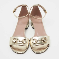 Pre Owned Gucci Metallic Gold Leather Horsebit  Ankle Strap Sandals Size 36.5