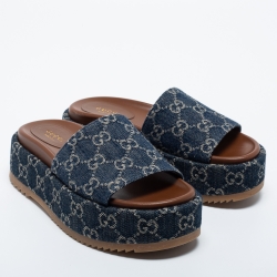 Pre Owned Gucci Blue Denim GG Slide Platform Sandals Size 35.5