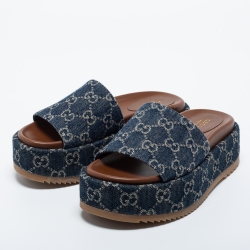 Pre Owned Gucci Blue Denim GG Slide Platform Sandals Size 35.5