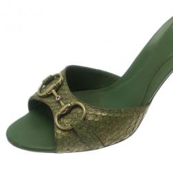 Pre Owned Gucci Green Python Horsebit Slides Size 39