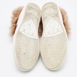 Gucci White Leather and Fur New Ace Bee Embroidered Low Top Sneakers Size 39