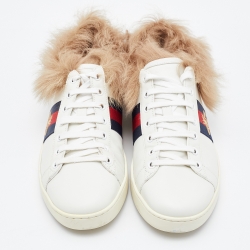 Gucci White Leather and Fur New Ace Bee Embroidered Low Top Sneakers Size 39