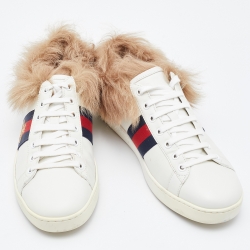 Gucci White Leather and Fur New Ace Bee Embroidered Low Top Sneakers Size 39