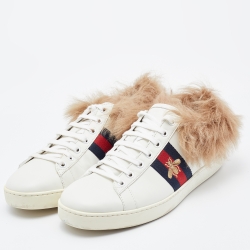 Gucci White Leather and Fur New Ace Bee Embroidered Low Top Sneakers Size 39