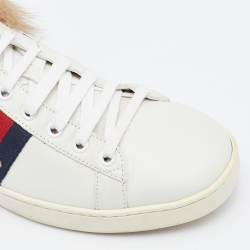 Gucci White Leather and Fur New Ace Bee Embroidered Low Top Sneakers Size 39
