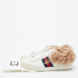 Gucci White Leather and Fur New Ace Bee Embroidered Low Top Sneakers Size 39