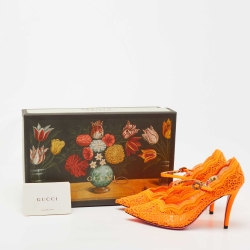 Pre Owned Gucci Orange Brocade Fabric and Leather D'orsay Pumps Size 36