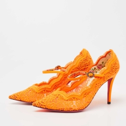 Pre Owned Gucci Orange Brocade Fabric and Leather D'orsay Pumps Size 36