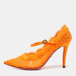 Pre Owned Gucci Orange Brocade Fabric and Leather D'orsay Pumps Size 36