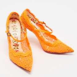 Pre Owned Gucci Orange Brocade Fabric and Leather D'orsay Pumps Size 36