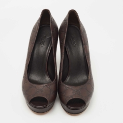 Pre Owned Gucci Brown Guccissima Leather Peep Toe Platform Pumps Size 38