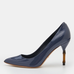 Pre Owned Gucci Slate Blue Patent Leather Kristen Bamboo Heel Pumps Size 38.5