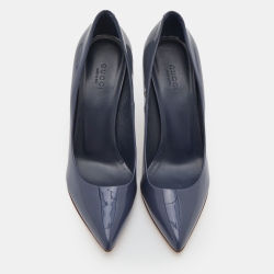 Pre Owned Gucci Slate Blue Patent Leather Kristen Bamboo Heel Pumps Size 38.5