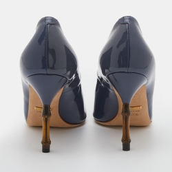 Pre Owned Gucci Slate Blue Patent Leather Kristen Bamboo Heel Pumps Size 38.5