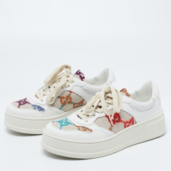 مملوكة مسبقًا Gucci White/Beige Canvas and Leather GG Lace Up Sneakers Size 38