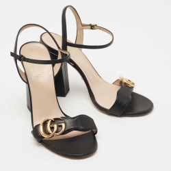 Pre Owned Gucci Black Leather GG Marmont Ankle Strap Sandals Size 37.5