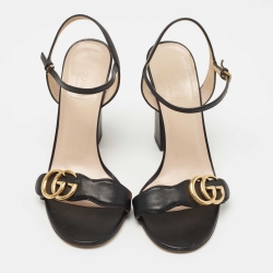 Pre Owned Gucci Black Leather GG Marmont Ankle Strap Sandals Size 37.5