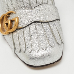 Pre Owned Gucci Silver Crinkled Leather GG Marmont Fringe Pumps Size 37.5