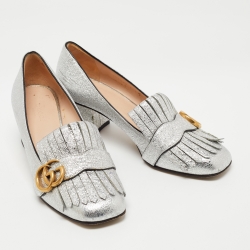 Pre Owned Gucci Silver Crinkled Leather GG Marmont Fringe Pumps Size 37.5