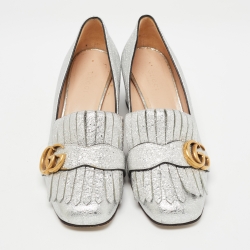 Pre Owned Gucci Silver Crinkled Leather GG Marmont Fringe Pumps Size 37.5