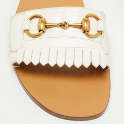 Gucci White Leather Fringe Trim Accent Slides Size 39