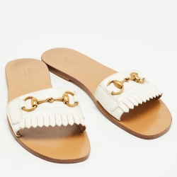 Gucci White Leather Fringe Trim Accent Slides Size 39