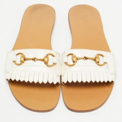 Gucci White Leather Fringe Trim Accent Slides Size 39