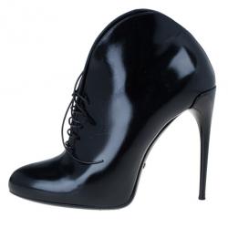 Pre Owned Gucci Black Curved Leather Kim Lace Up Ankle Boots Size 38
