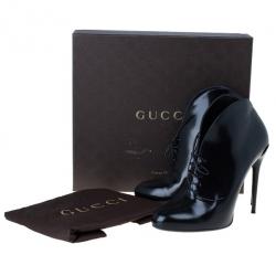 Pre Owned Gucci Black Curved Leather Kim Lace Up Ankle Boots Size 38