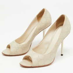 Pre Owned Gucci Grey Guccissima Leather Peep Toe Pumps Size 38.5