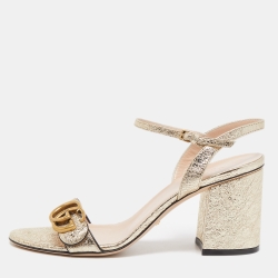 Gucci Gold Foil Leather GG Marmont Ankkle Strap Sandals Size 37.5