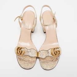 Gucci Gold Foil Leather GG Marmont Ankkle Strap Sandals Size 37.5