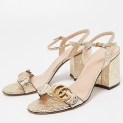 Gucci Gold Foil Leather GG Marmont Ankkle Strap Sandals Size 37.5