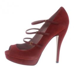 Pre Owned حذاء كعب عالى غوتشي جلد مدبوغ أخمر متعدد الشرائط ليزبيث كعب أمامي مقاس 40