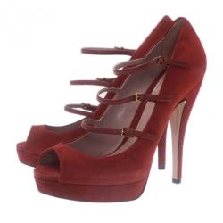 Pre Owned حذاء كعب عالى غوتشي جلد مدبوغ أخمر متعدد الشرائط ليزبيث كعب أمامي مقاس 40