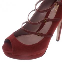 Pre Owned حذاء كعب عالى غوتشي جلد مدبوغ أخمر متعدد الشرائط ليزبيث كعب أمامي مقاس 40