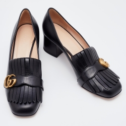 Pre Owned Gucci BlackLeather Double G Fringes Mid Heel Pumps Size 41