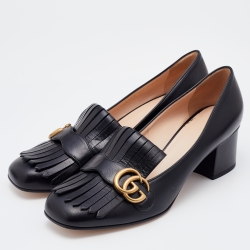 Pre Owned Gucci BlackLeather Double G Fringes Mid Heel Pumps Size 41