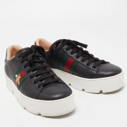 Gucci Black Leather Embroidered Bee Ace Platform Sneakers Size 38.5