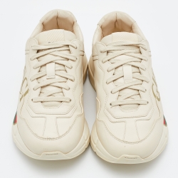 Pre Owned Gucci Beige Leather Rhyton Gucci Logo Low Top Sneakers Size 37