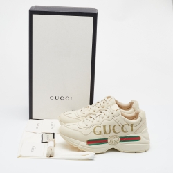 Pre Owned Gucci Beige Leather Rhyton Gucci Logo Low Top Sneakers Size 37
