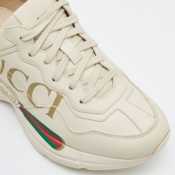 Pre Owned Gucci Beige Leather Rhyton Gucci Logo Low Top Sneakers Size 37