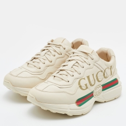 Pre Owned Gucci Beige Leather Rhyton Gucci Logo Low Top Sneakers Size 37