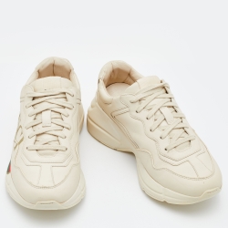 Pre Owned Gucci Beige Leather Rhyton Gucci Logo Low Top Sneakers Size 37