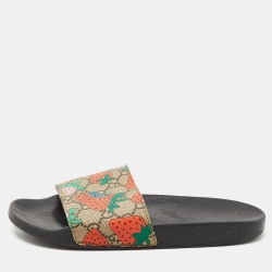 Gucci Multicolour GG Strawberry Canvas Flat Slide Size 37